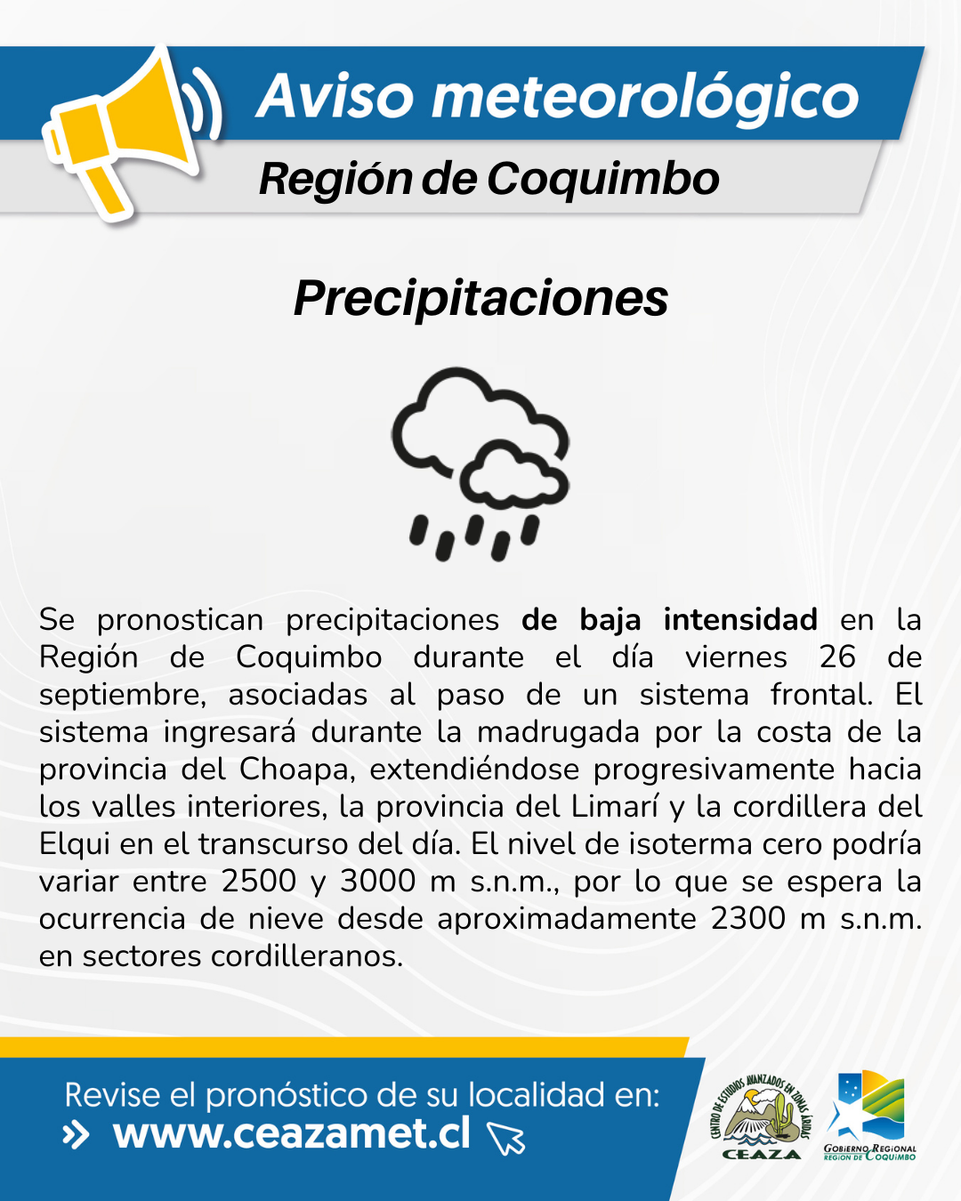 Se pronostican precipitaciones de baja intensidad en la Región de Coquimbo